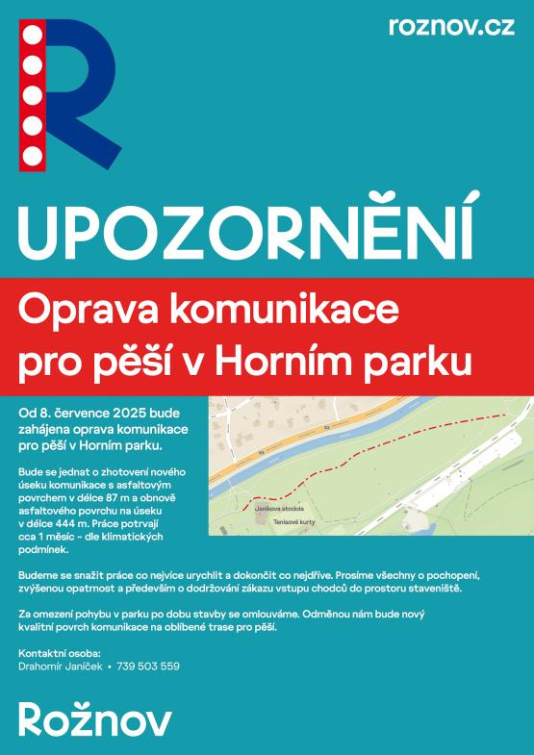 V rožnovském Horním parku probíhá oprava komunikace pro pěší