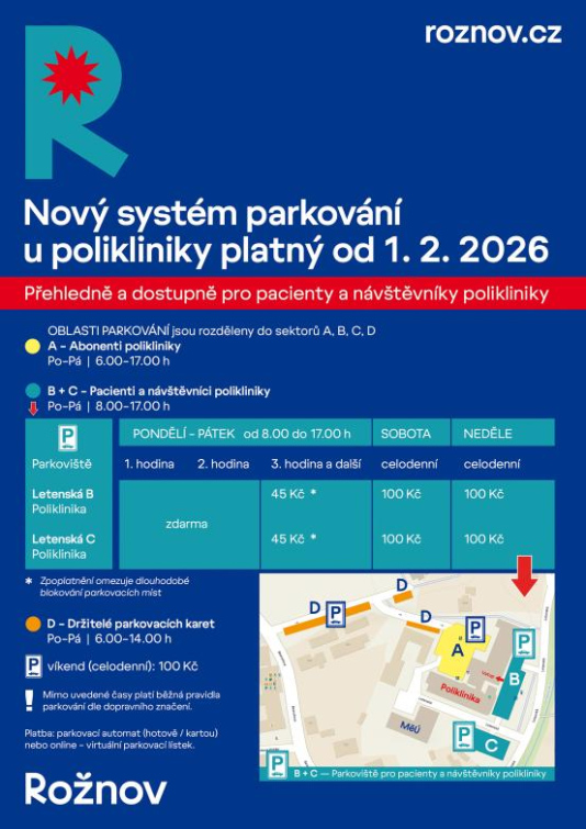 Město Rožnov p. R. upravuje parkování u polikliniky: cílem je lepší dostupnost pro pacienty
