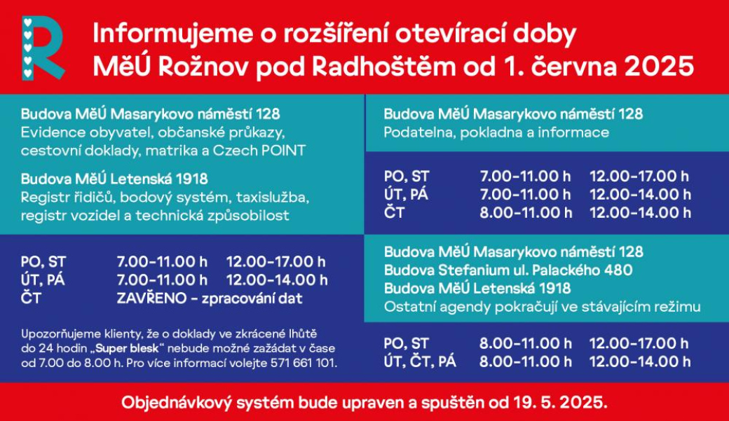Od 1. června rozšiřuje Městský úřad v Rožnově p. R. otevírací dobu