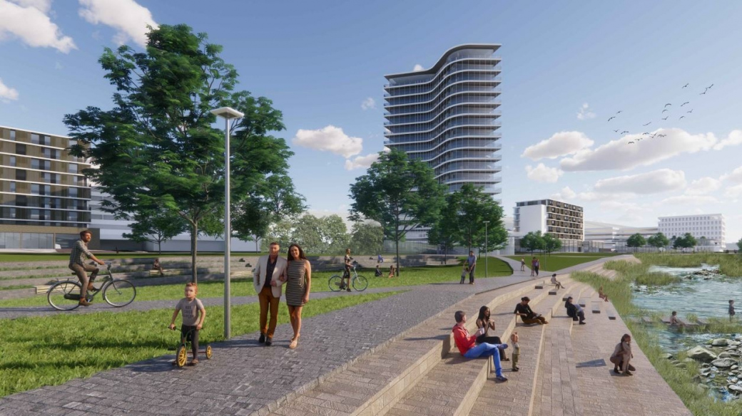 Nová městská čtvrť ve Zlíně v areálu KNTB: Byty, parky a propojení s řekou 