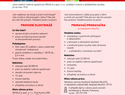 Společnost VÁHALA a spol. s.r.o. přijme provozního elektrikáře a prodavačku nebo prodavače