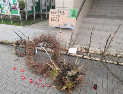 Pohřeb za naše lesy. Před radnicí se objevil suchý strom se vzkazem