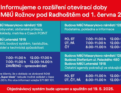 Od 1. června rozšiřuje Městský úřad v Rožnově p. R. otevírací dobu