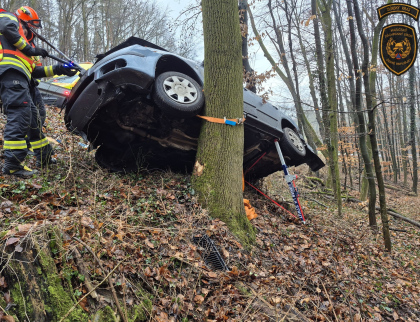 Havárie v Bohuslavicích: Vůz se zřítil ze silnice a zastavil se až mezi stromy