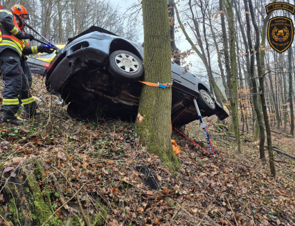 Havárie v Bohuslavicích: Vůz se zřítil ze silnice a zastavil se až mezi stromy